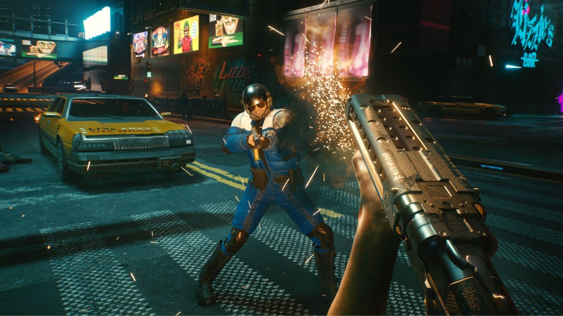 Player shooting at an NPC in Cyberpunk 2077.