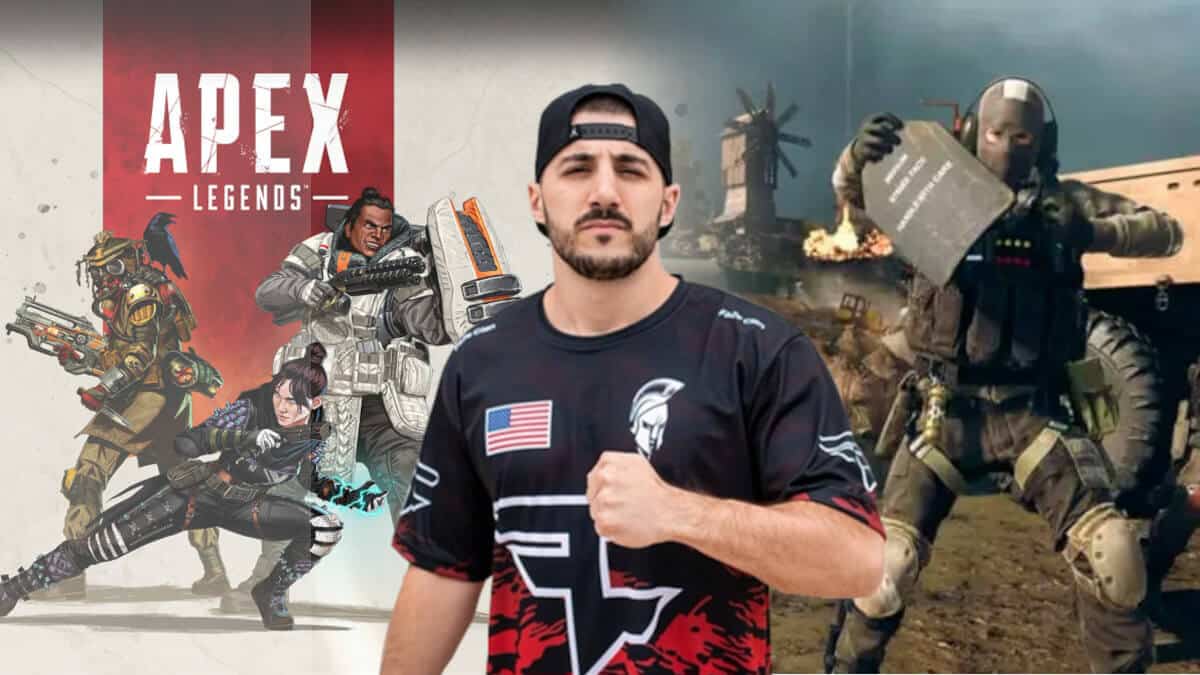 NICKMERCS in front of Apex Legends and Warzone backgrounds