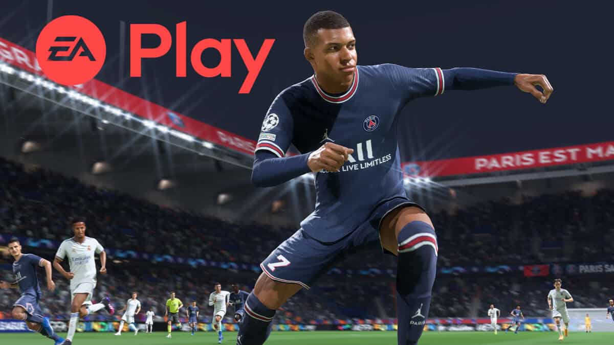 Mbappe in FIFA 22 with EA Play logo