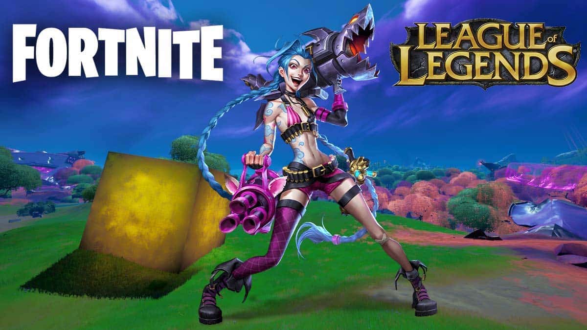 Jinx from League of Legends on Fortnite background