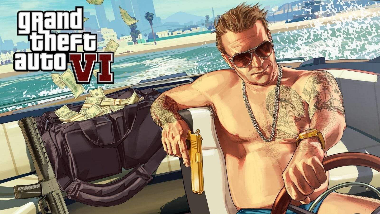 GTA character in boat with GTA 6 logo