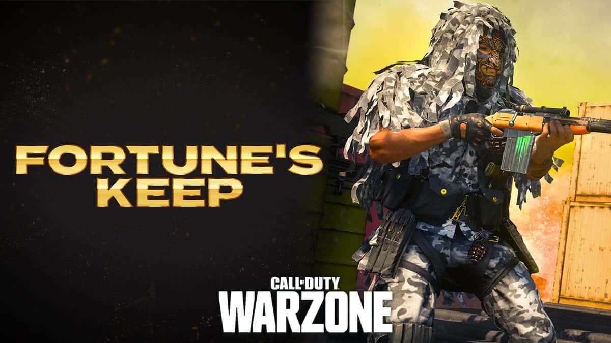 Warzone Fortune's keep logo and player on Rebirth Island