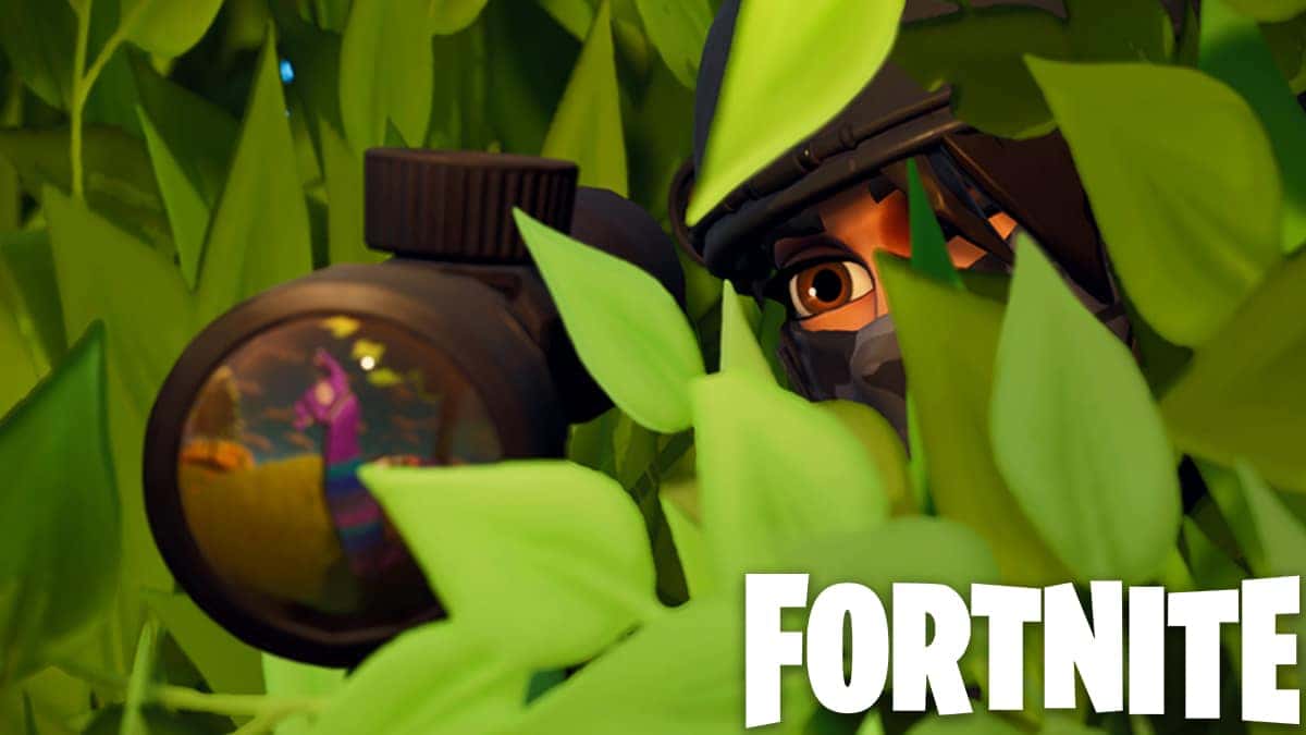 Fortnite player using sniper rifle through a bush