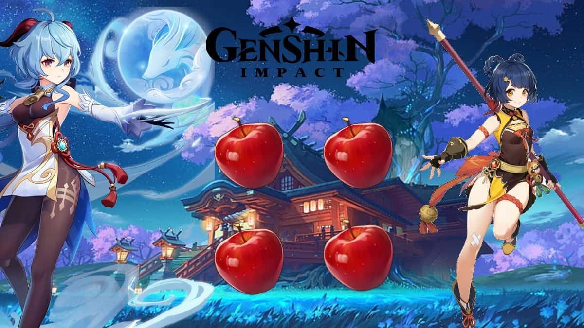 Four apples, Ganyu, and Xiangling in Genshin Impact