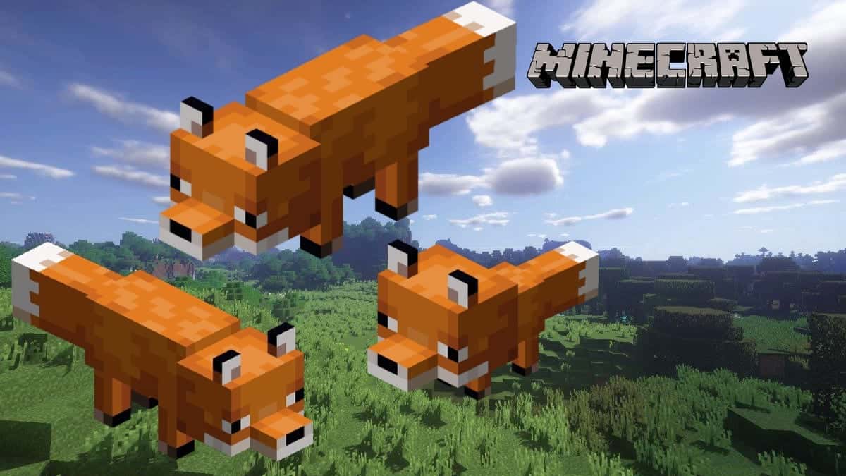 Two adult foxes and a baby fox in Minecraft