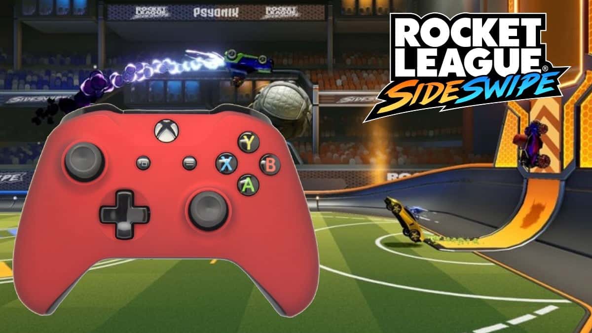 An Xbox controller on a Rocket League gameplay image