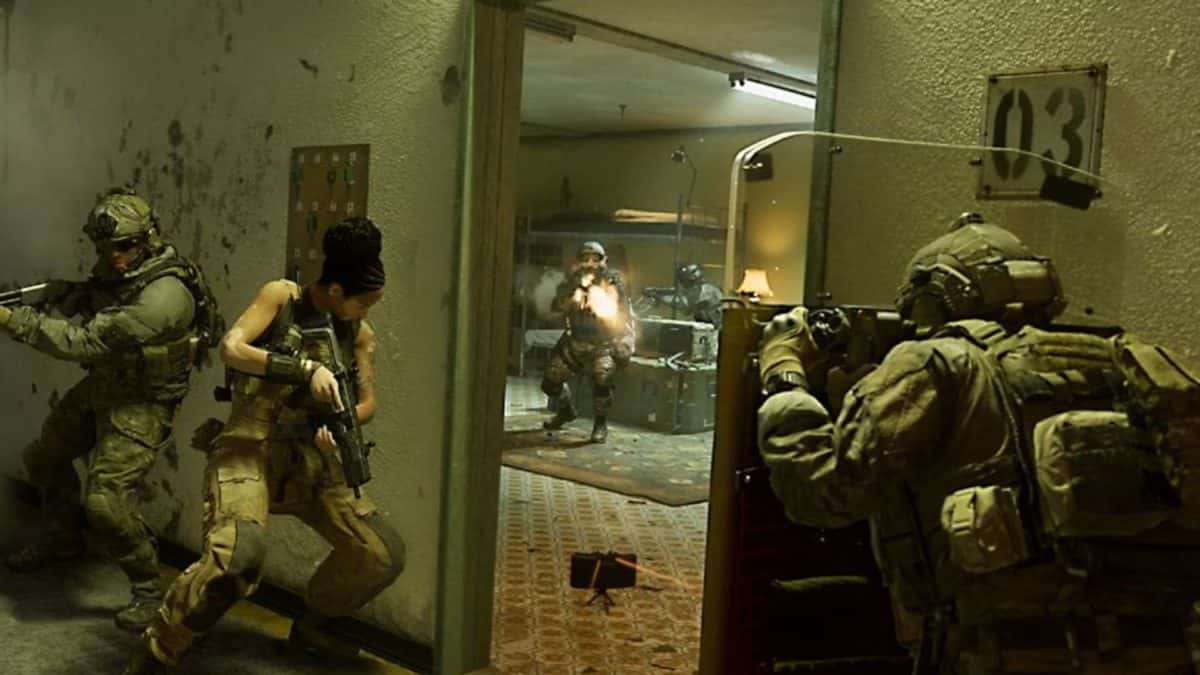 modern warfare 2 operators outside of room with riot shield