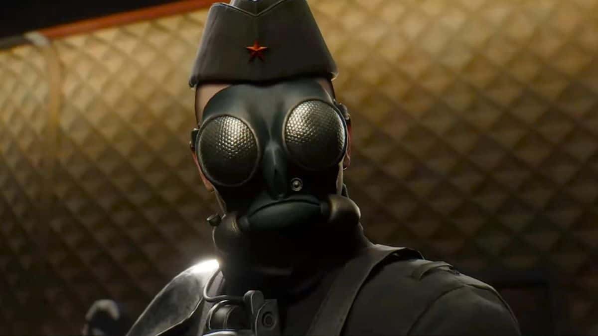 Atomic Heart character wearing gas mask