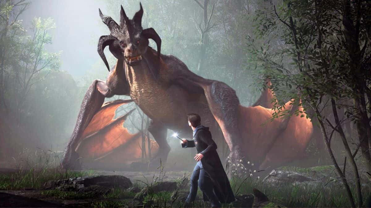 hogwarts legacy character facing off with dragon
