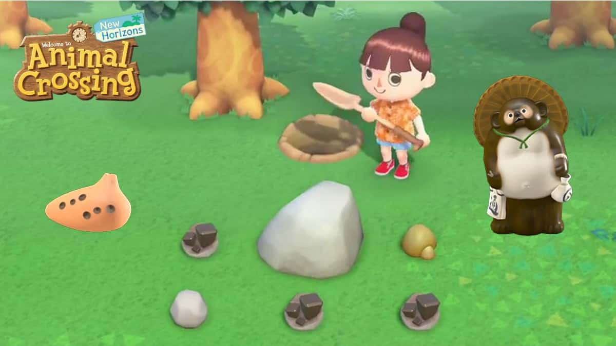 An Animal Crossing: New Horizons player hitting rocks to get clay