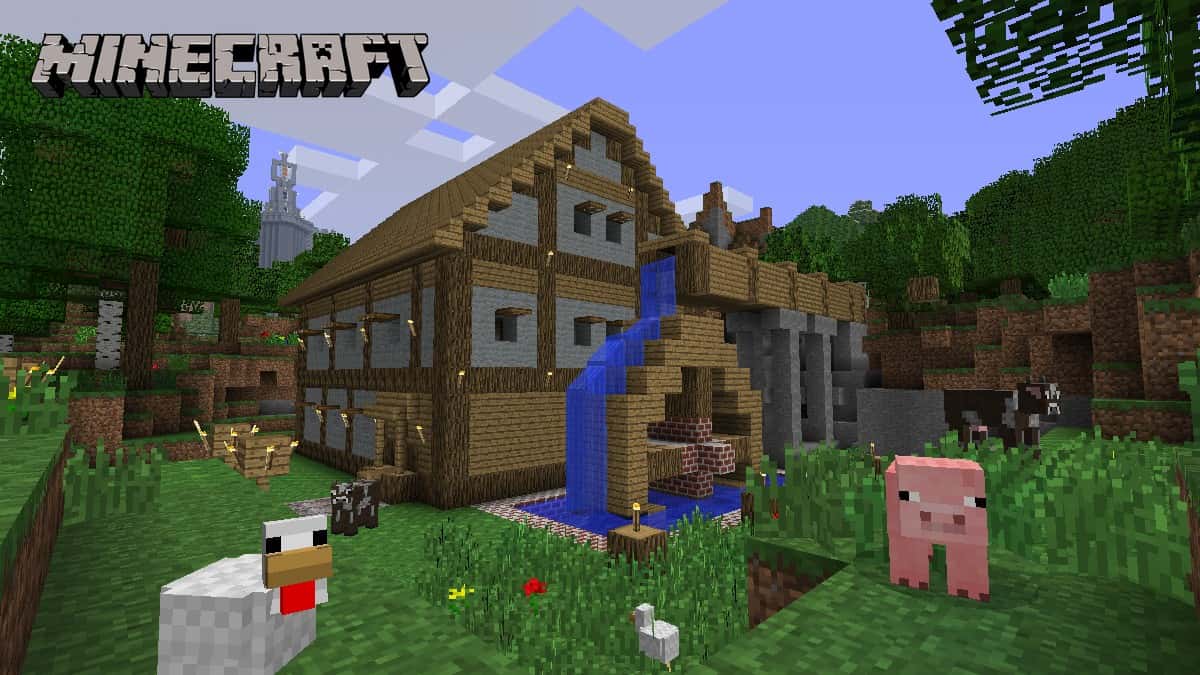 Minecraft Overworld featuring chickens and pigs