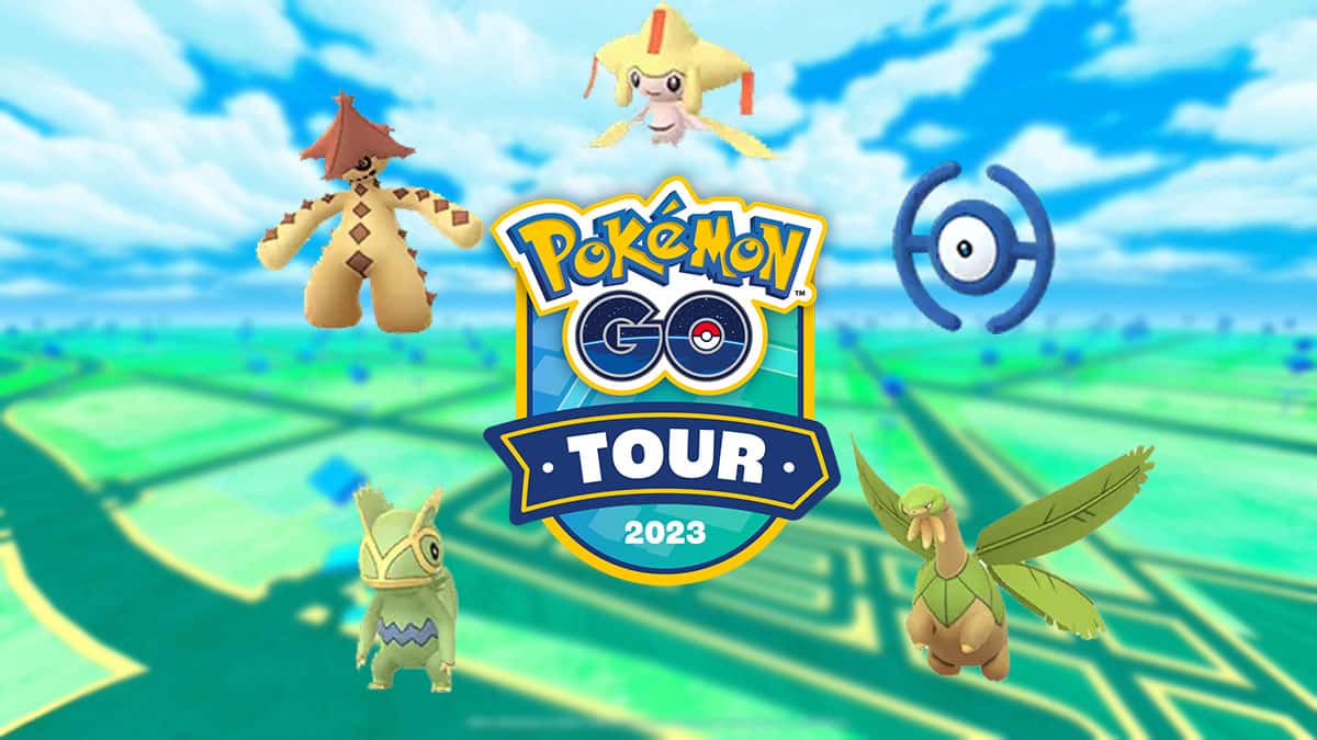 Shiny Pokemon surrounding the Pokemon Go Tour 2023 logo
