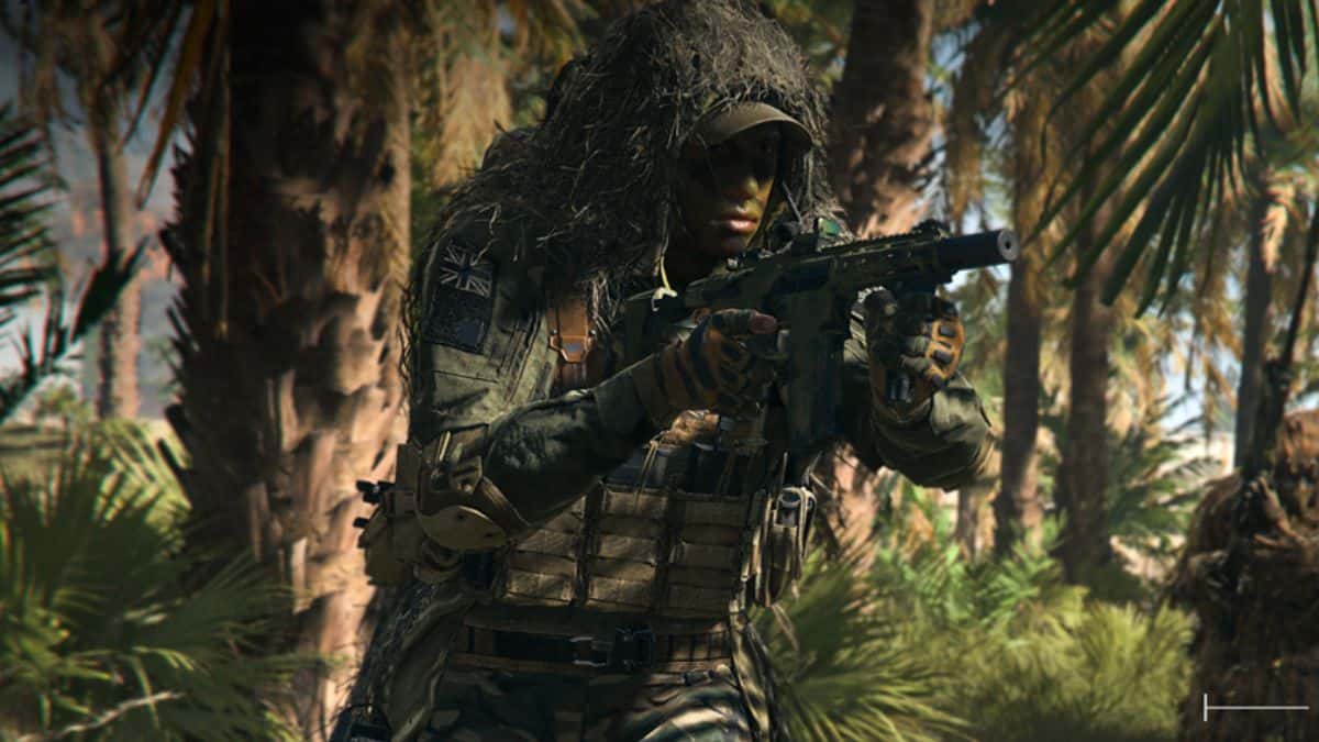 warzone 2 operator with a ghillie suit on
