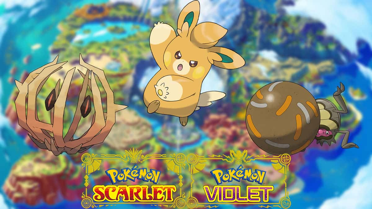 Pawmo, Rellor, and Bramblin in a Pokemon Scarlet and Violet background