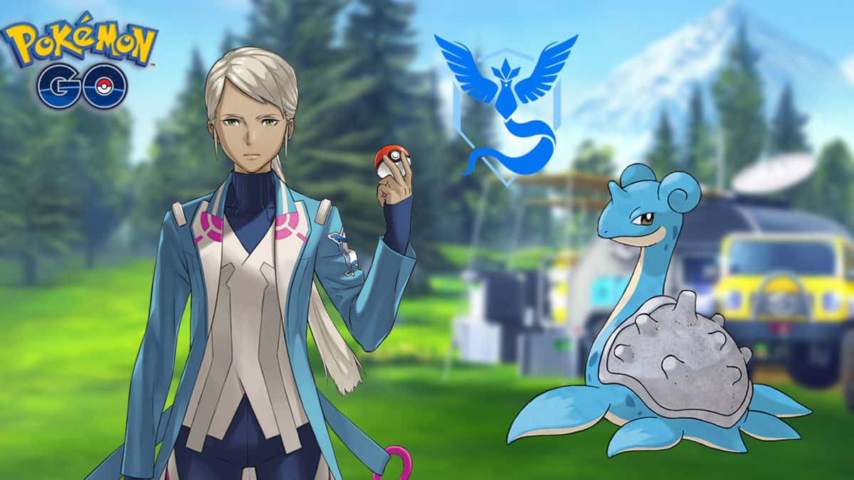 Blanche and Lapras in a Pokemon Go Research background