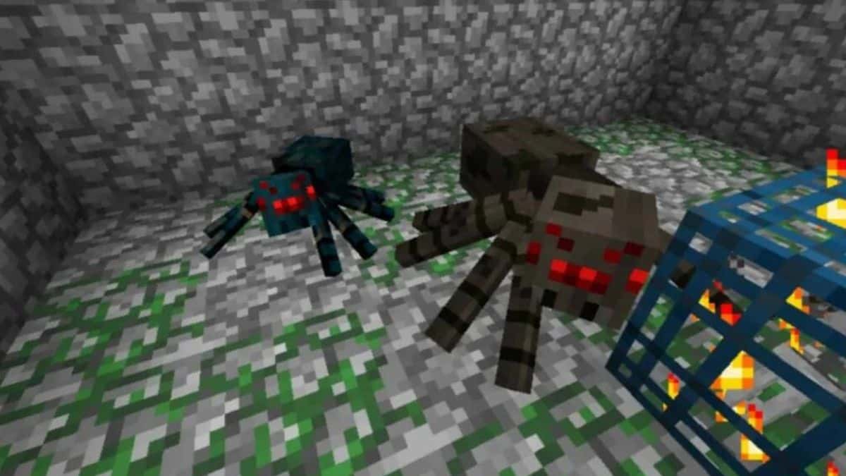 Spiders in a Minecraft cave