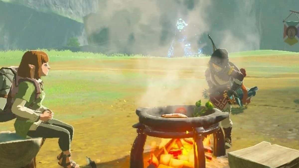 zelda sitting by fire cooking food in a pot