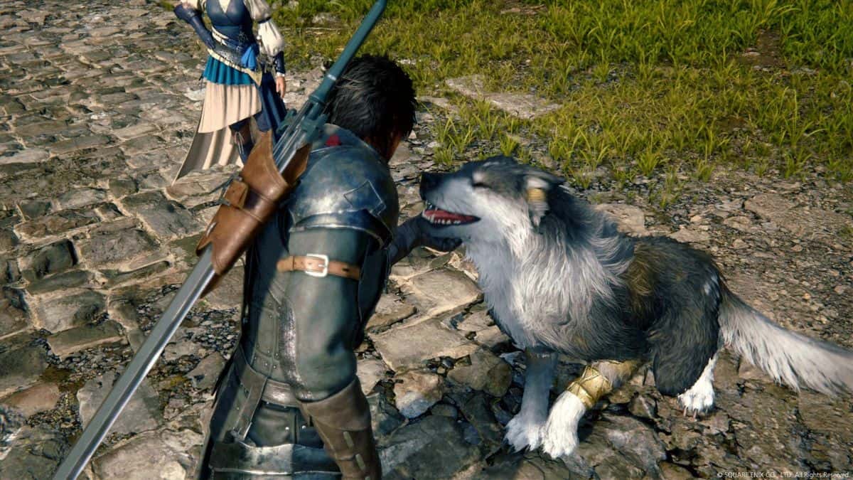 Clive petting dog in Final Fantasy 16