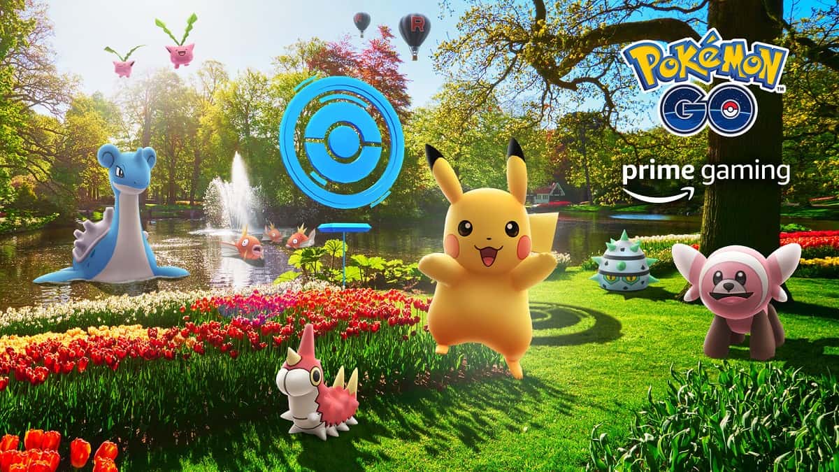Pokemon in a park with the Pokemon Go and Prime Gaming logos