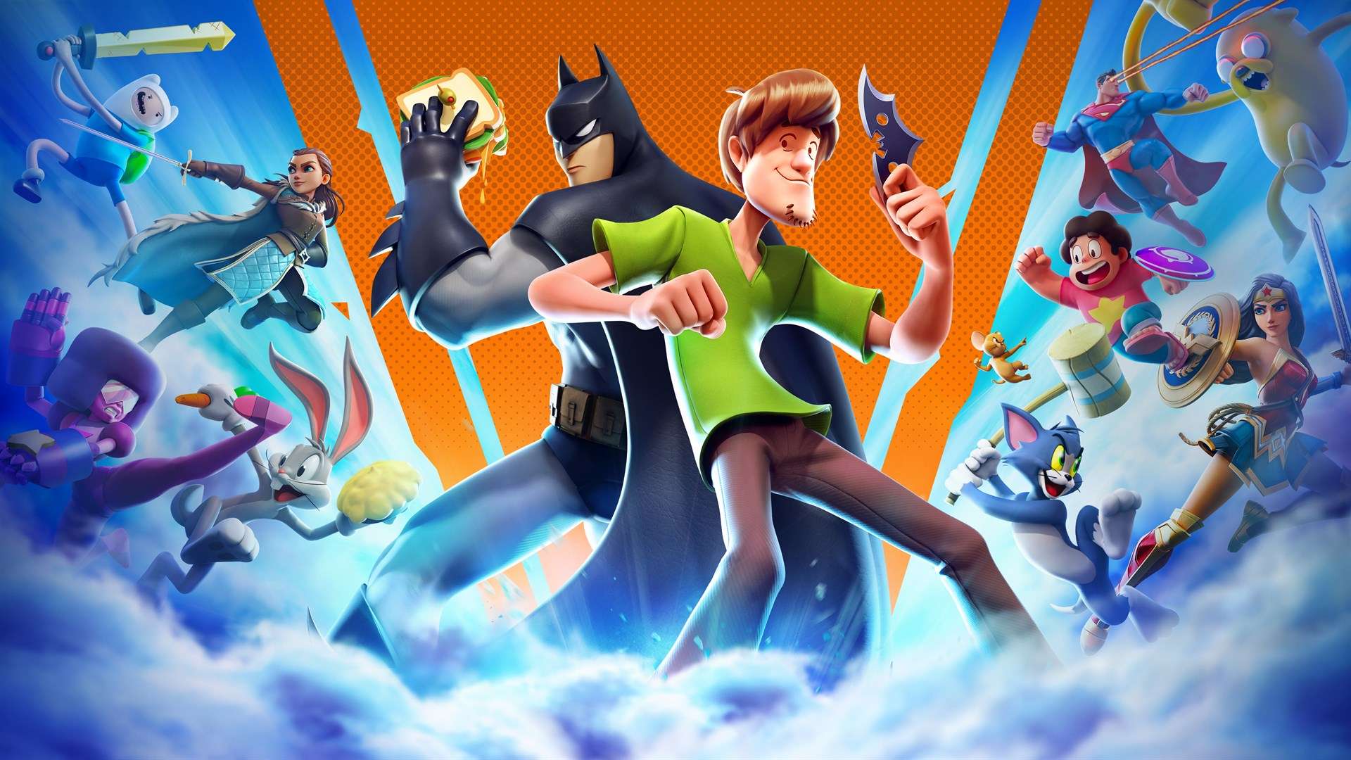 Batman and Shaggy surrounded by various MultiVersus characters.