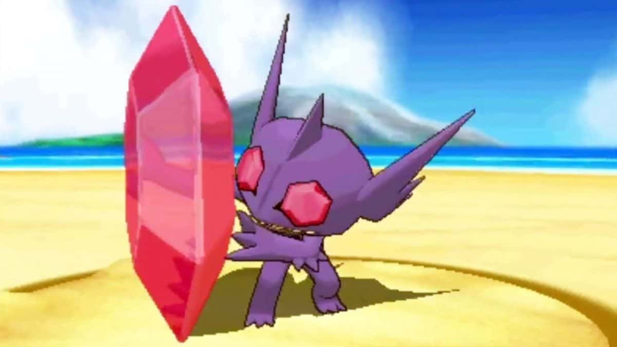 pokemon mega sableye hiding behind its giant gemstone
