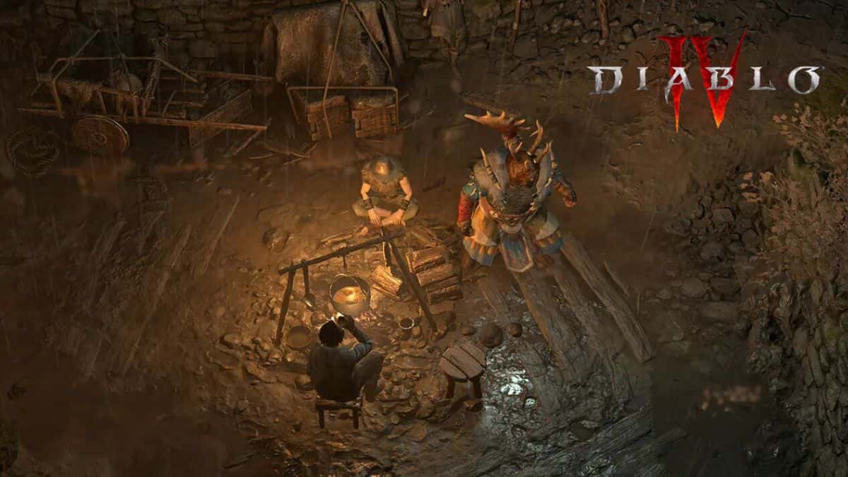 Diablo 4 Barbarian near a campfire