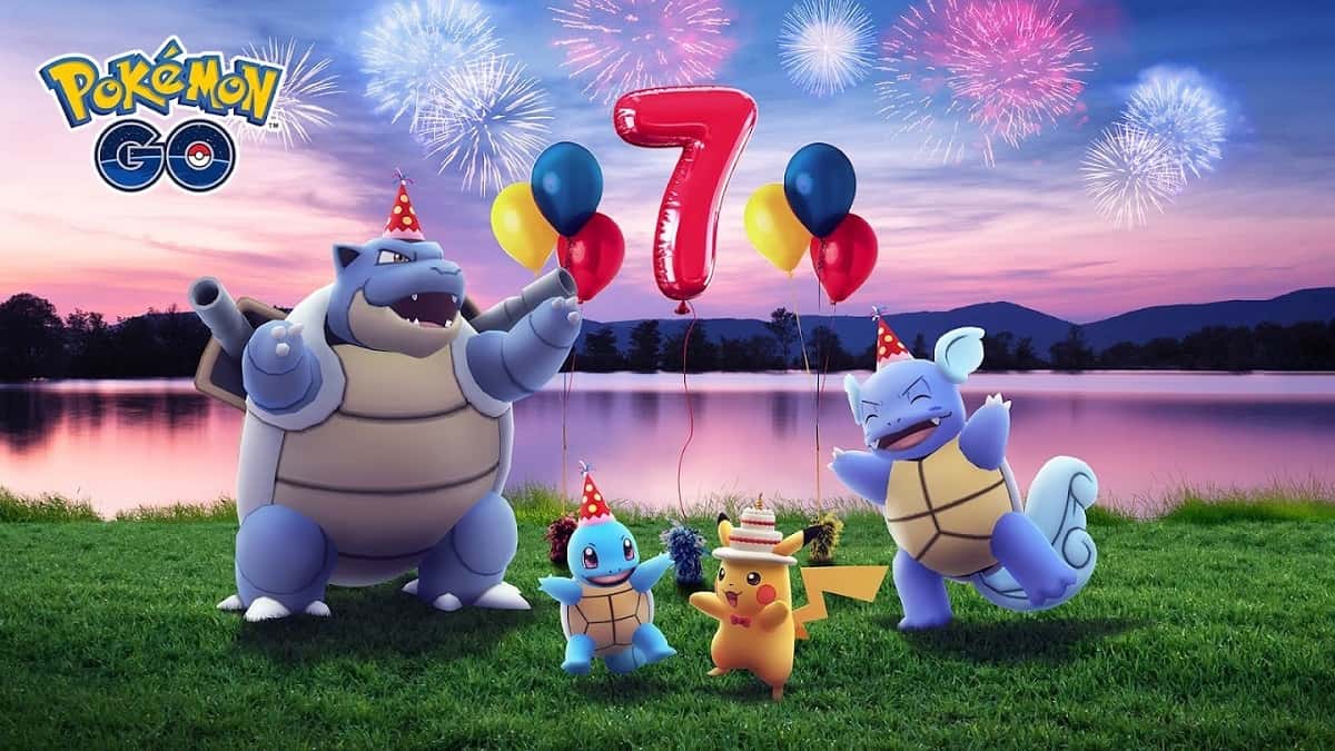 Four Pokemon celebrating Pokemon Go's 7th anniversary