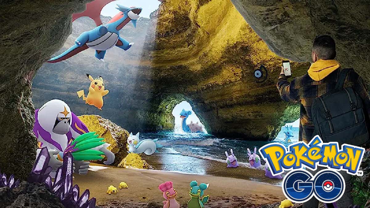 Many Pokemon inside a cave with a Trainer