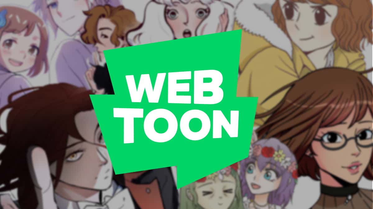 Webtoon logo on various Webtoon characters in the background.