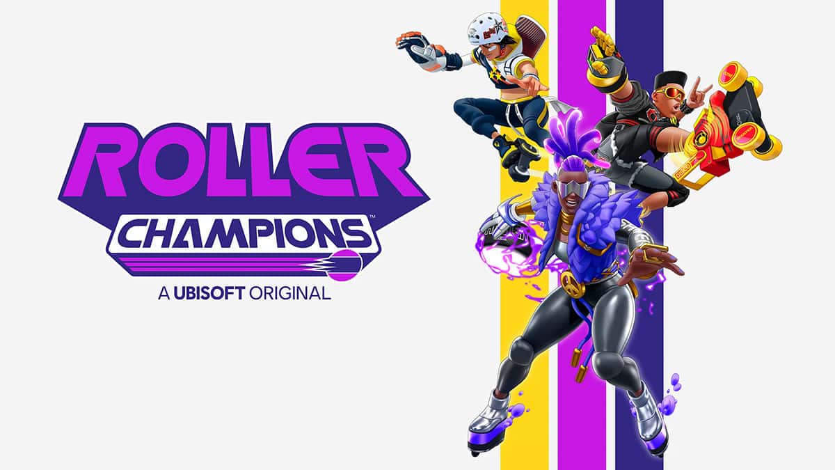 Roller Champions thumbnail featuring the game's characters to the right and the game's logo to the left.
