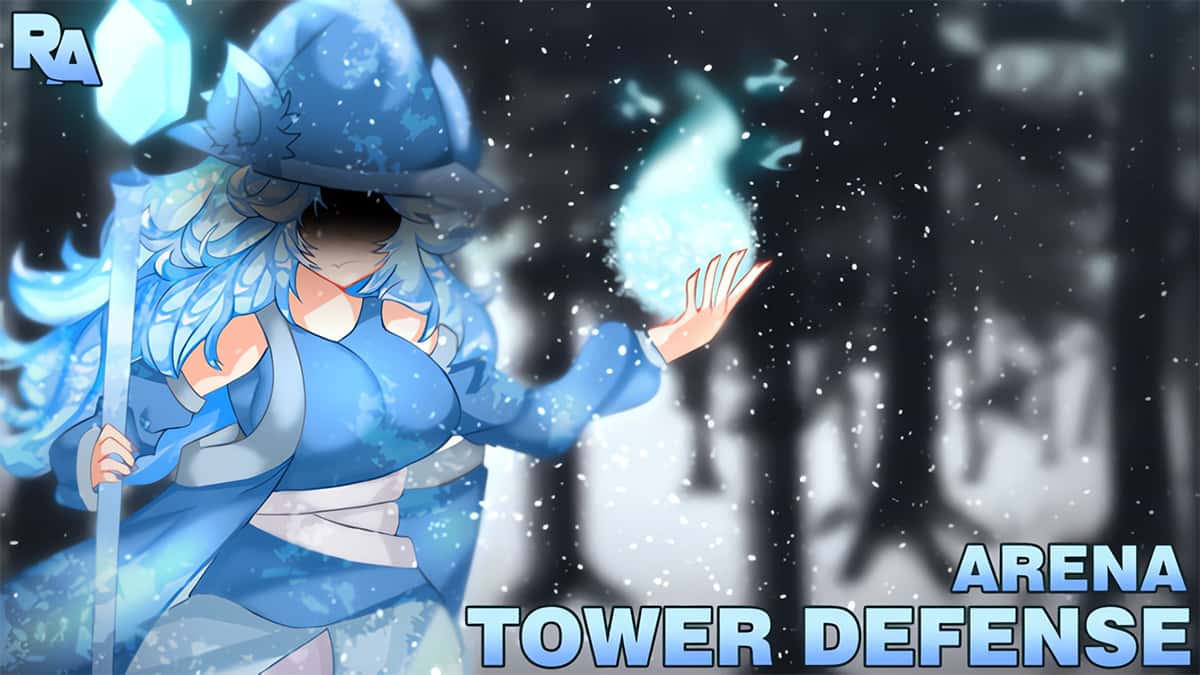 Artwork of a character in Roblox Arena Tower Defense holding a staff in one hand and their power in another.