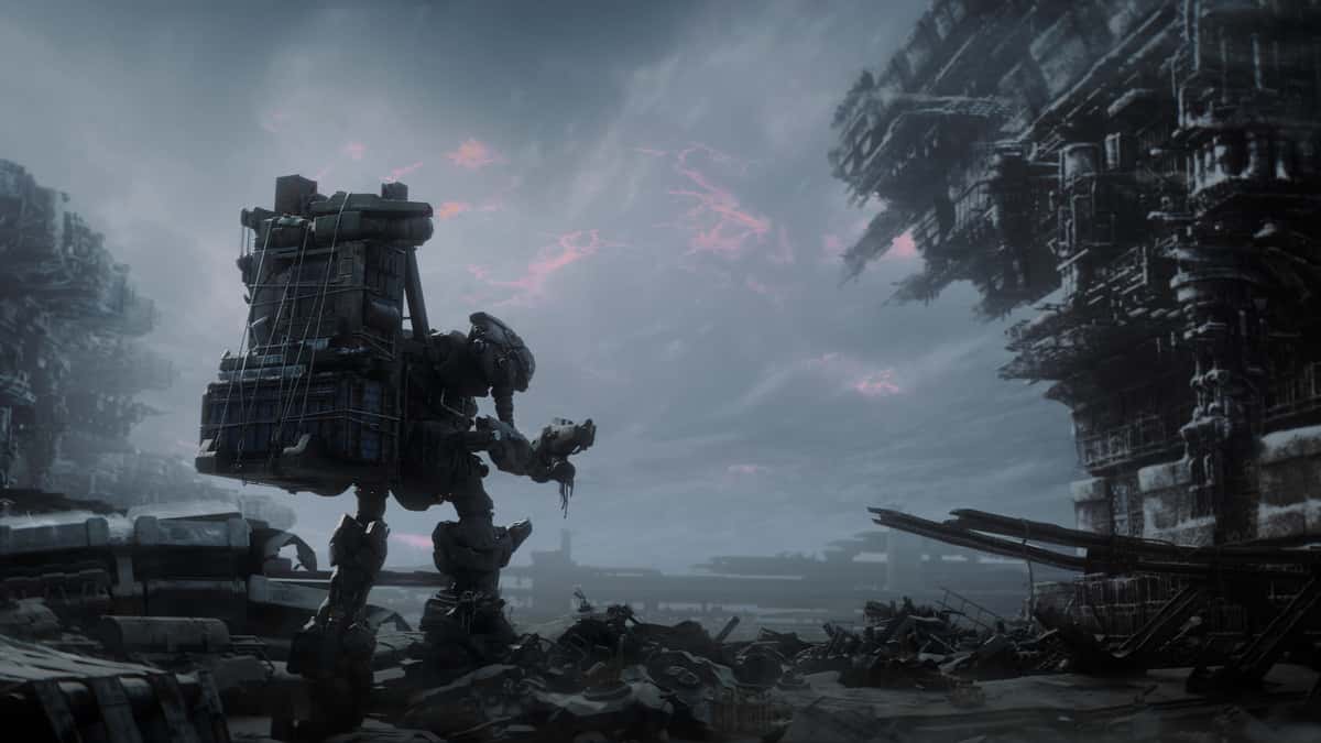 a mech looking into industrial destruction in Armored Core 6