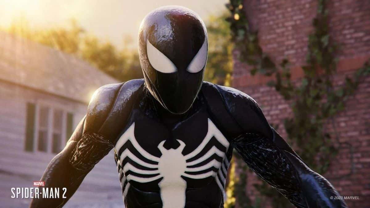Peter Parker wearing Symbiote Suit in Spider-Man 2.