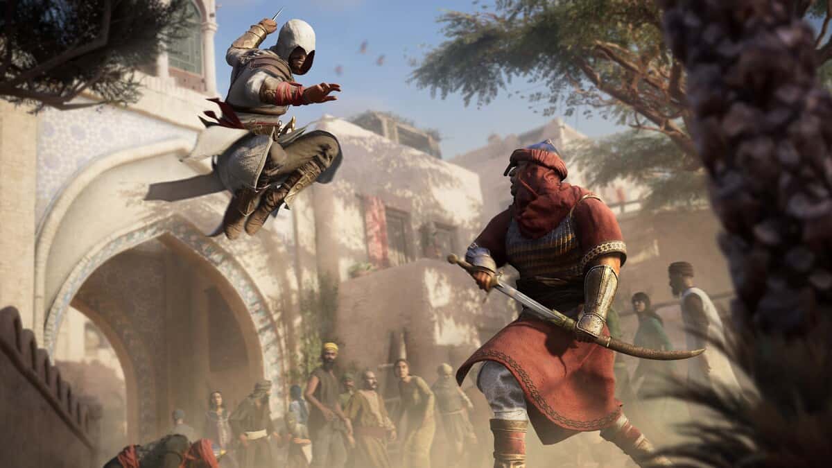 Basim assassinates a guard as bystanders watch in horror in Assassin's Creed Mirage