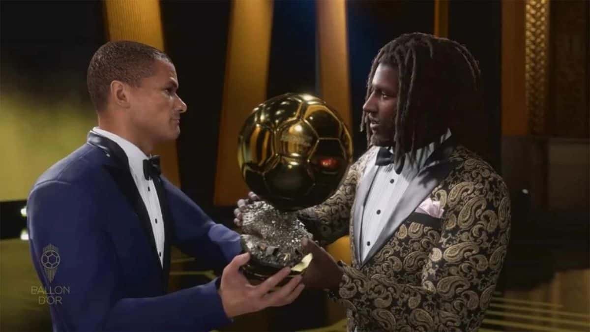 EA FC 24 player being handed Ballon d'Or trophy by Rivaldo