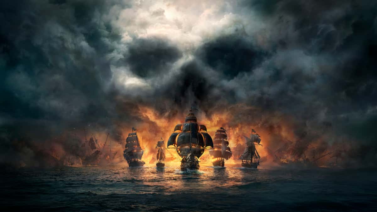 key art of skull and bones that has ships approaching with a skull shape cloud behind