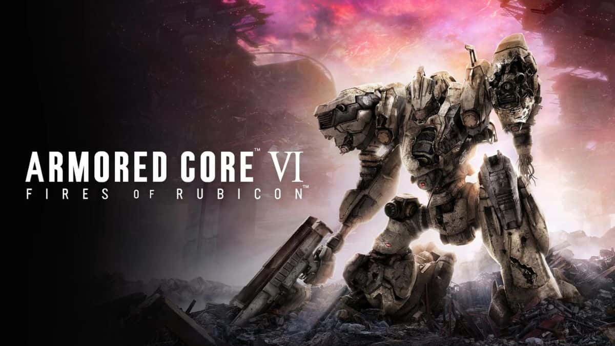A mech in Armored Core 6 with the game's logo