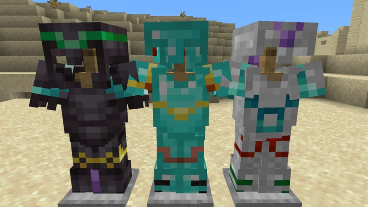 Three armor sets with armor trims in Minecraft.