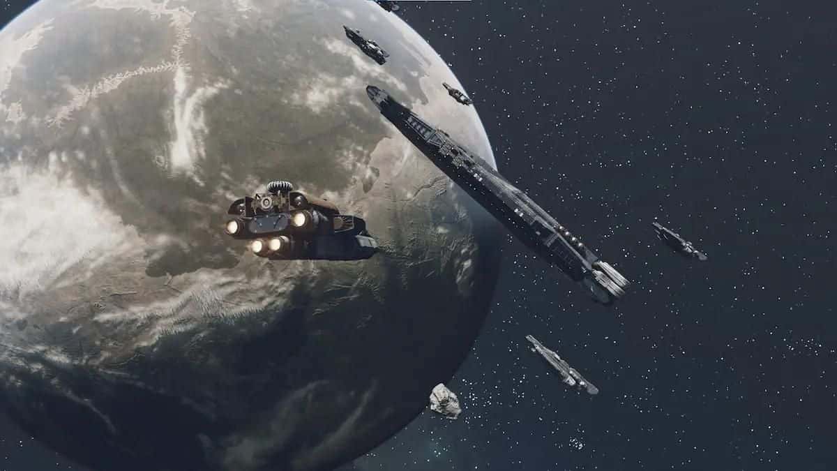 Starfield ship approaching planet