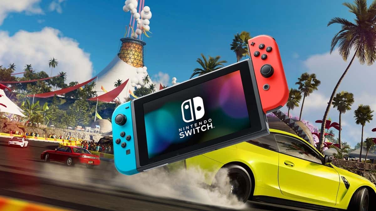 The Crew Motorfest vehicles drifting and an transparent png of Nintendo Switch