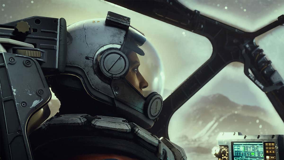 Starfield pilot in spaceship cockpit