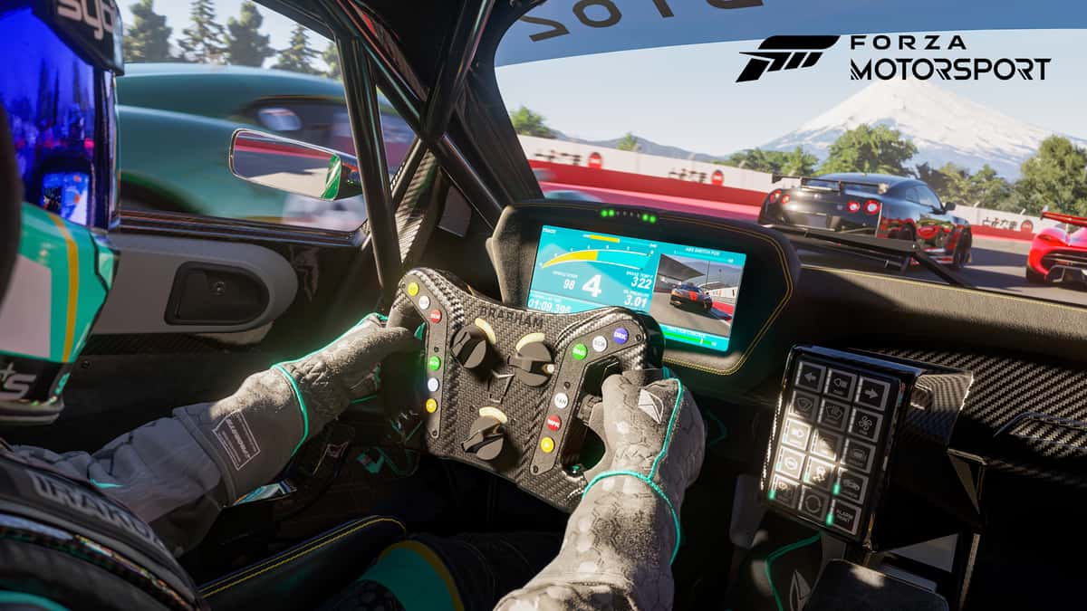 Cockpit view of a car in Forza Motorsport