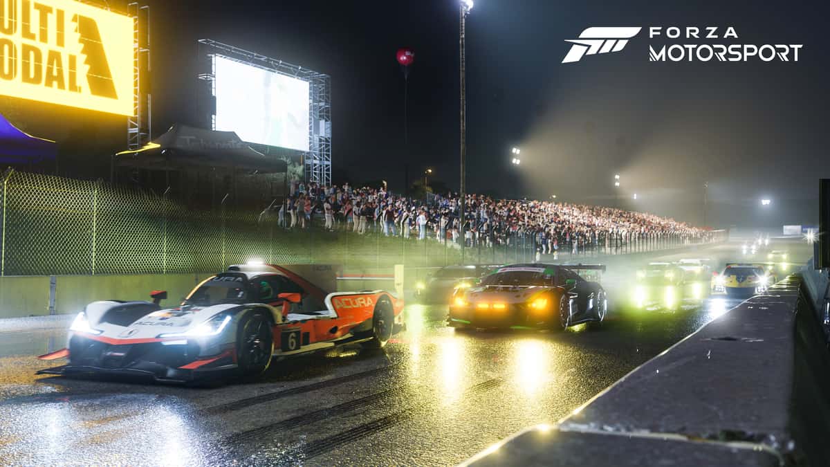 Two cars racing on wet track at night in Forza Motorsport