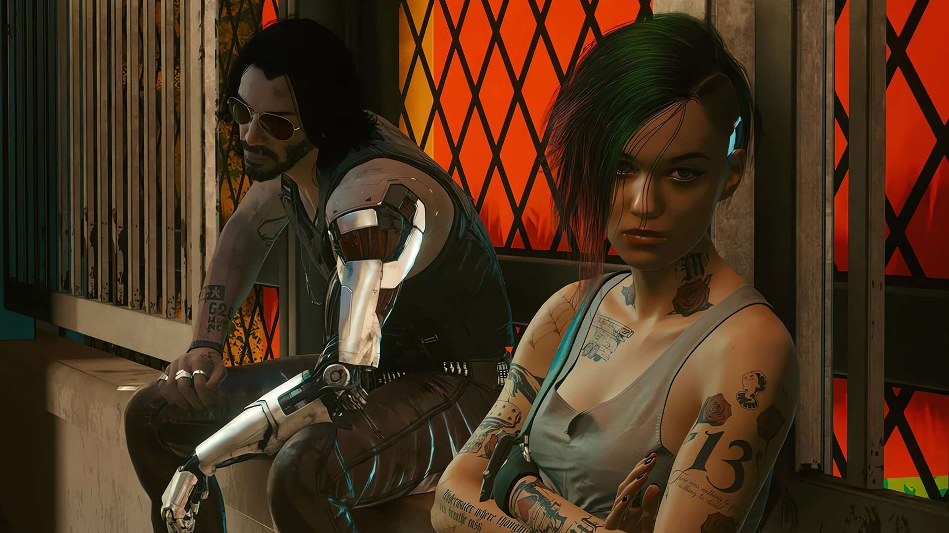 Johnny Silverhand and Judy in Cyberpunk 2077.
