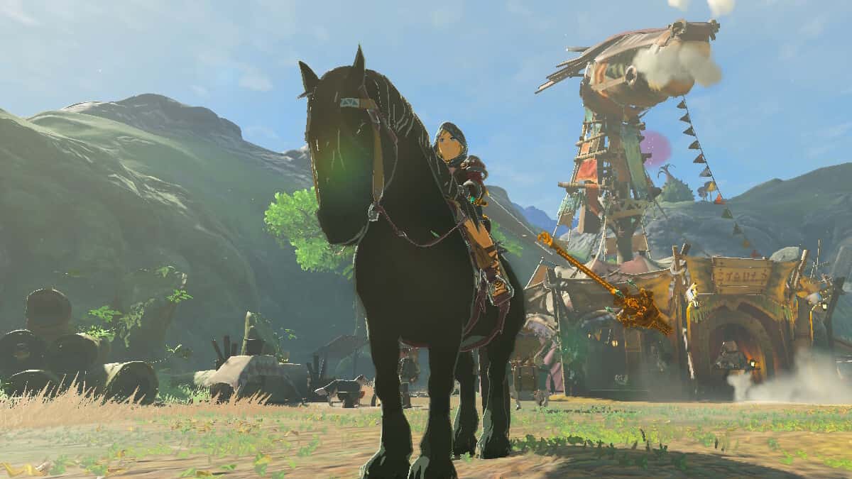link and his horse infront of a stable in Tears of the Kingdom