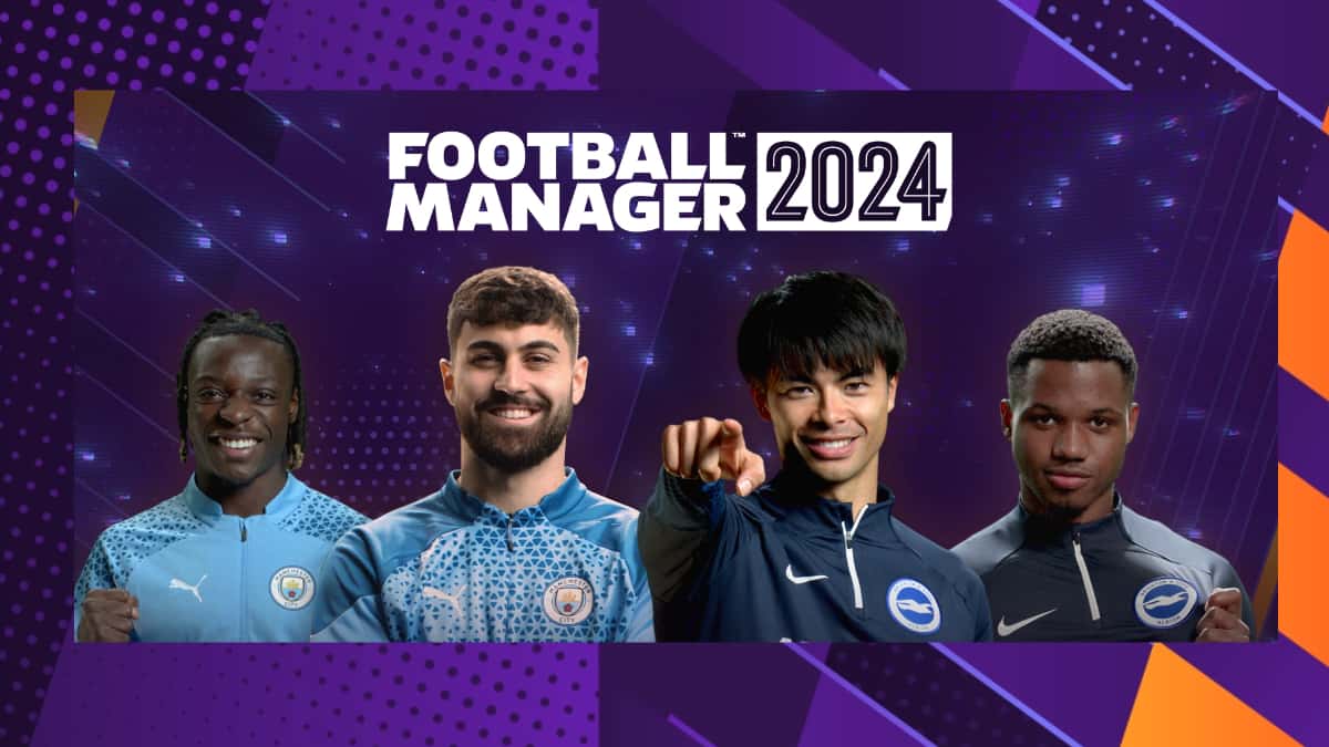 Jeremy Doku, Josko Gvardiol, Kaoru Mitoma, and Ansu Fati in promotional images for Football Manager 2024