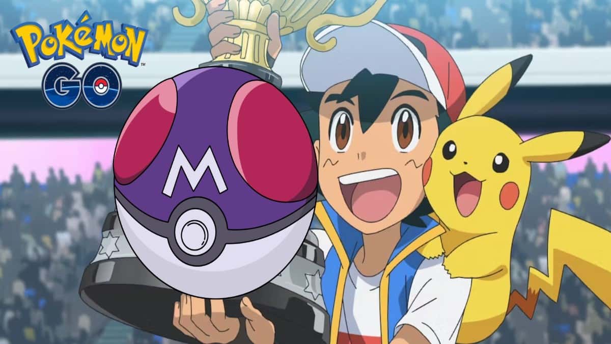 ash ketchum with a pokemon go master ball cup and pikachu