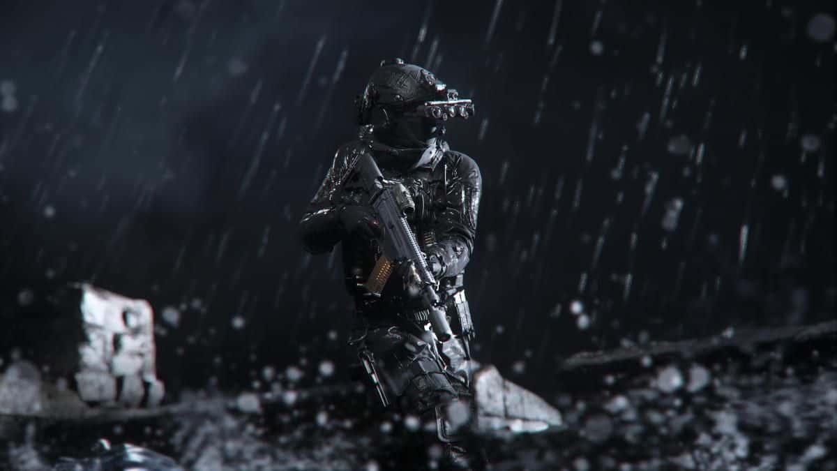 mw3 character holding a weapon in the rain