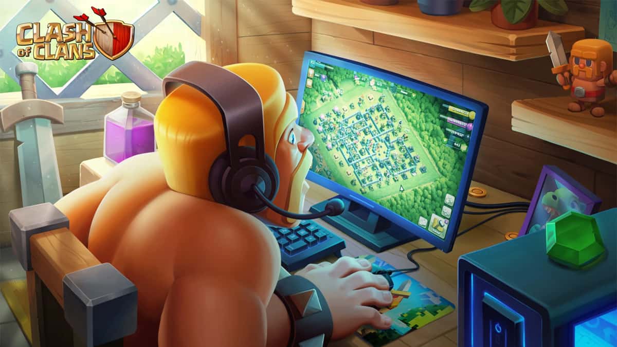 Artwork of a Barbarian playing Clash of Clans on PC.