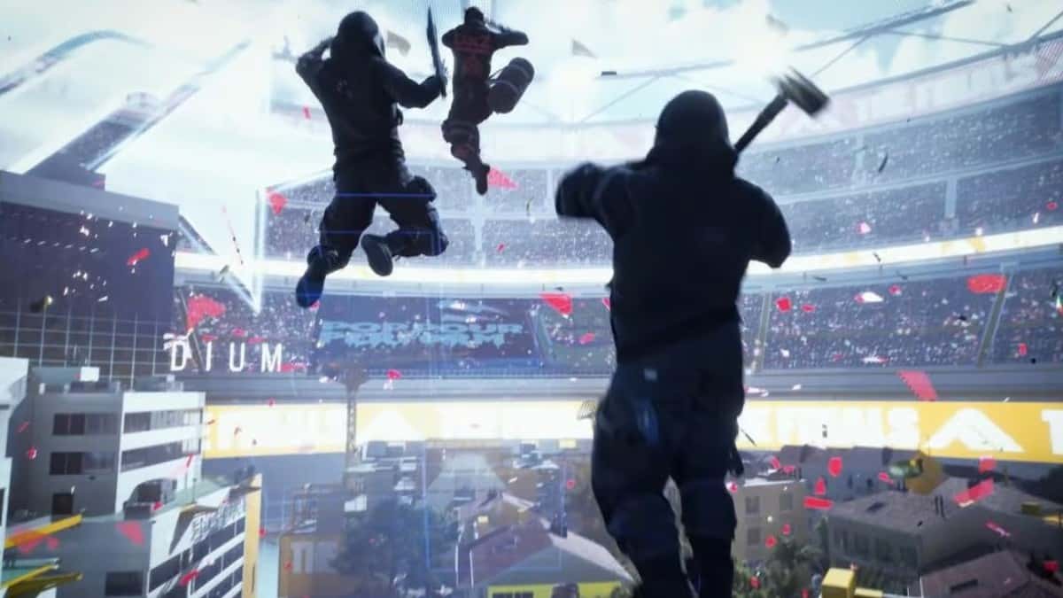 The Finals squad jumping in the air with weapons in hand